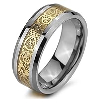 Men's Tungsten Ring Band Silver Tone Black Irish Celtic Knot Dragon Wedding