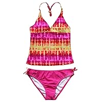 iiniim Big Girls Youth Two Piece Tie-Dye Tankini Swimsuit Bikini Bathing Suit Halter Top with Boyshort/Swim Briefs Pink 16