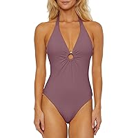 Women's Plunge Halter Maillot One Piece Swimsuit, Adjustable, Tie Back, Bathing Suits