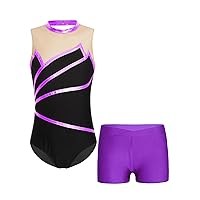 Kids Girls Gymnastics Leotards Set Sleeveless Dancing Athletic Biketard Unitard with Workout Shorts Tumbling Outfit