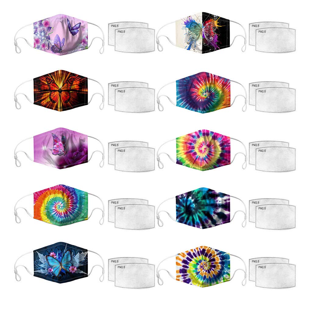 10PCS Color Print Background Face Shields Dust Scarf Washable and Reusable Bandanas Headbands With 20PCS Filter
