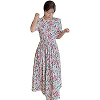 Lolita Gothic Dress Summer Floral Dress Women's Dress Puff Sleeve Waist Mid Length Skirt (Color : Pink, Size : Large)