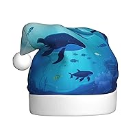 Whales Under The Sea Printed Christmas Hat,Santa Hat For Adults,Plush Comfort Xmas Hat For New Year Festive Party