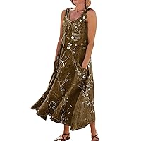 Long Linen Dress Floral Dress for Women 2024 Summer Bohemian Print Casual Loose Fit with Sleeveless U Neck Linen Dresses Brown XX-Large