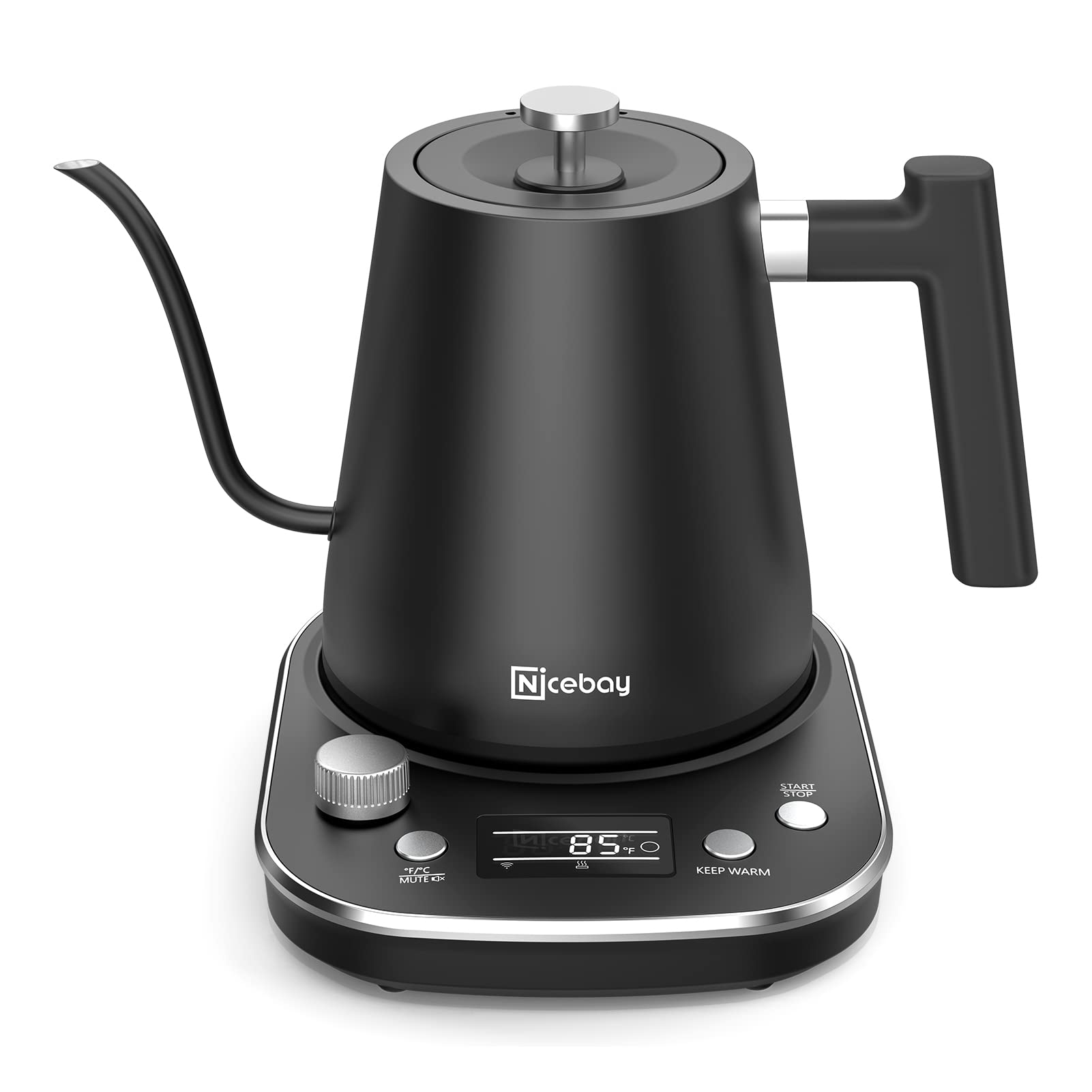 Nicebay Electric Gooseneck Kettle, Electric Kettle with Heating Base with Buttons and LED Display, Pure Stainless Steel Inner Electric Tea Kettle, 1200W Fast Heating, Pour Over Coffee Kettle, 0.8L