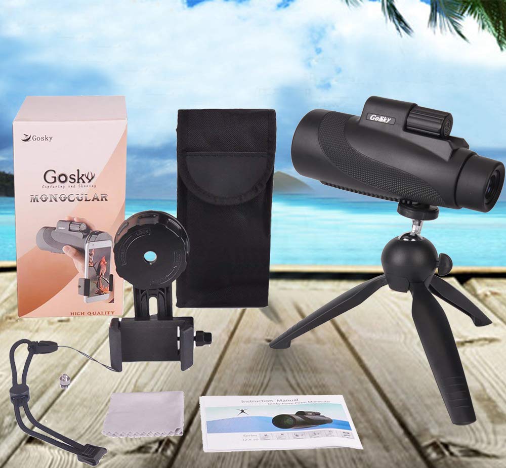 Gosky 12X50 High Power Prism Monocular Smartphone Holder and Handheld Tripod Kit- Waterproof/Fog-Proof/Shockproof Grip Scope -for Hiking,Hunting,Climbing,Birdwatching Watching Wildlife and Scenery
