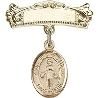 Baby Badge with St. Nino de Atocha Charm and Arched Polished Badge Pin | 14K Gold Baby Badge with St. Nino de Atocha Charm and Arched Polished Badge Pin - Made In USA