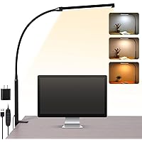 LED Desk lamp with Clamp, Eye-Caring Clip on Lights for Home Office, 3 Modes 10 Brightness, Long Flexible Gooseneck,Metal, Swing Arm Architect Task Table Lamps with USB Adapter, Black
