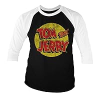 Tom & Jerry Officially Licensed Washed Logo Baseball 3/4 Sleeve T-Shirt (White-Black)