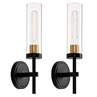 Black and Gold Hardwired Wall Sconces Set of 2, Modern Bathroom Vanity Sconces Wall Lighting with Clear Glass Shade, Farmhouse Wall Mount Lights for Mirror Bedroom Living Room Hallway Kitchen