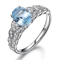Jewelry Women's Solid 14K White Gold Oval Aquamarine Gemstone Diamond Wedding Engagement Band Ring Set