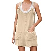 Women's Button Down Jumpsuits Lace Up Solid Color Rompers 2024 Summer Casual Sleeveless Overalls