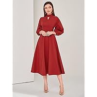 Women Dresses Keyhole Neck Peekaboo Front Bishop Sleeve Dress (Color : Red, Size : Small)