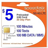 $5 Prepaid Wireless Pay Go Plan for Smartphones & Cellphones | 5G 4G LTE | 100 Talk, 100 Text, 100 MB Data |Triple Cut (Mini,Micro,Nano) Sim Card | No Contract | 30-Day Service