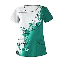 Women's Casual Floral Print Short Sleeve Sloping Collar Workwear Top with Double Pockets Basic Shirts