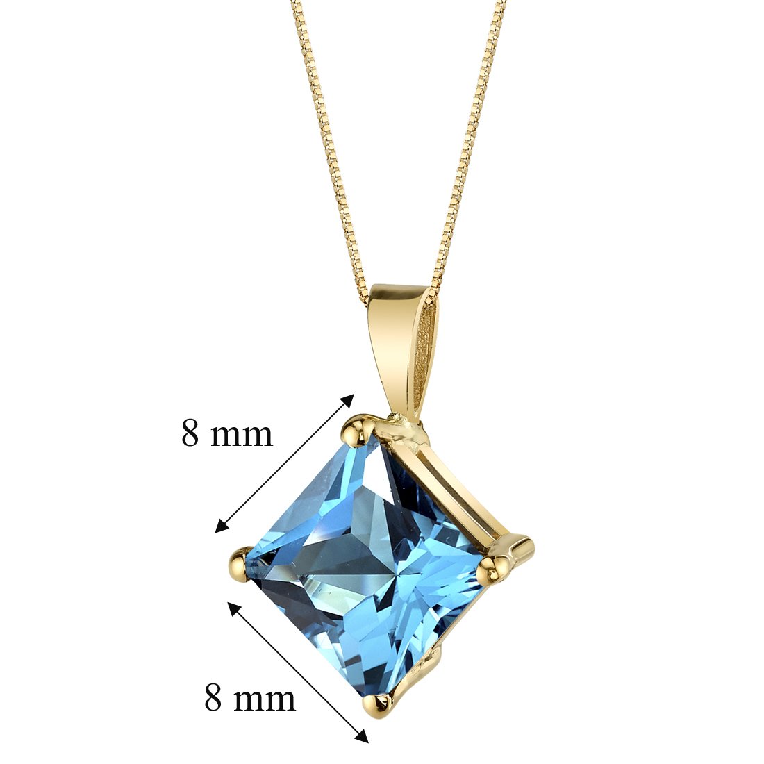 Peora Swiss Blue Topaz Pendant for Women Solid 14K Yellow Gold, Natural Gemstone Birthstone Classic Solitaire, Princess Cut, 8mm, 3 Carats total