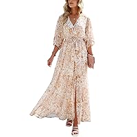 Women’s Summer Loose Boho Flowy Wrap V Neck 3/4 Sleeve Floral Print Slit Beach Wedding Guest Long Maxi Dresses 2024