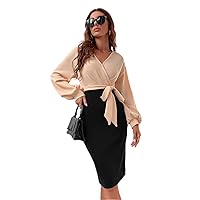 Dresses for Women Two Tone Surplice Neck Bishop Sleeve Belted Dress