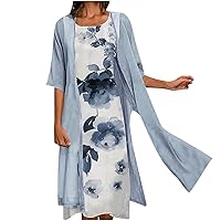 Womens Summer Midi Dresses Boho Flowy Floral Print Two-Piece Set with Chiffon Cardigan Sleeveless Wedding Guest Dress