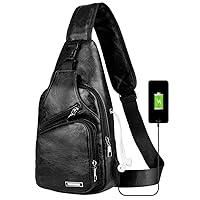 Peicees Leather Sling Bag Mens Crossbody Bag Chest Bag Sling Backpack for Men with USB Charge Port