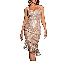 Womens Flapper Dress 1920s Retro Glitter Midi Sequin Fringe Gatsby Dress Spaghetti Strap Formal Banquet Prom Dresses