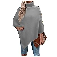 Women's Oversized Sweaters Fashion Casual Solid Button High Neck Pullover Sweater Knitted Cape, S-XL