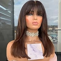 Straight Wig with Bangs Human Hair Wig Ombre 1b/30 Color Brazilian Hair 13x4 HD Transparent Lace Front Wig Pre Plucked Bangs Human Hair Wigs for Women 150% Density Bleached Knots 16inch