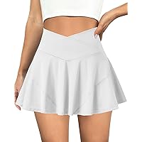 Tennis Skirts for Women Crossover Athletic Skort with Pockets High Waisted Golf Skorts Workout Pleated Skirt Shorts