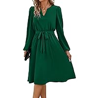 Solid Color Split V Neck Long Sleeve Classic Dress Knee Length