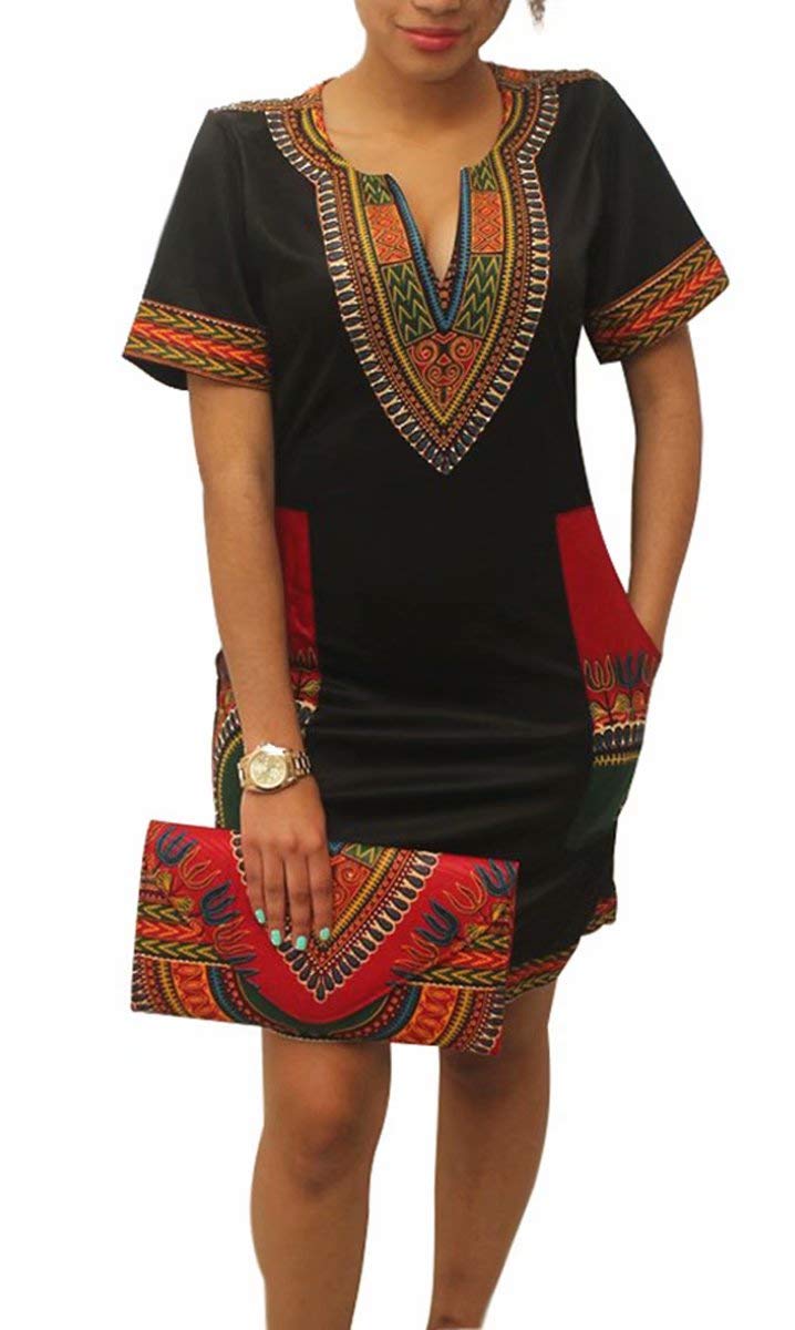 Women Bohemian V Neck African Printed Ethnic Style Summer Bodycon Shift Dress