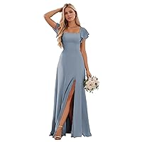 Chiffon Bridesmaid Dresses for Women Short Sleeve Wedding Guest Dress with Slit A Line Formal Gown