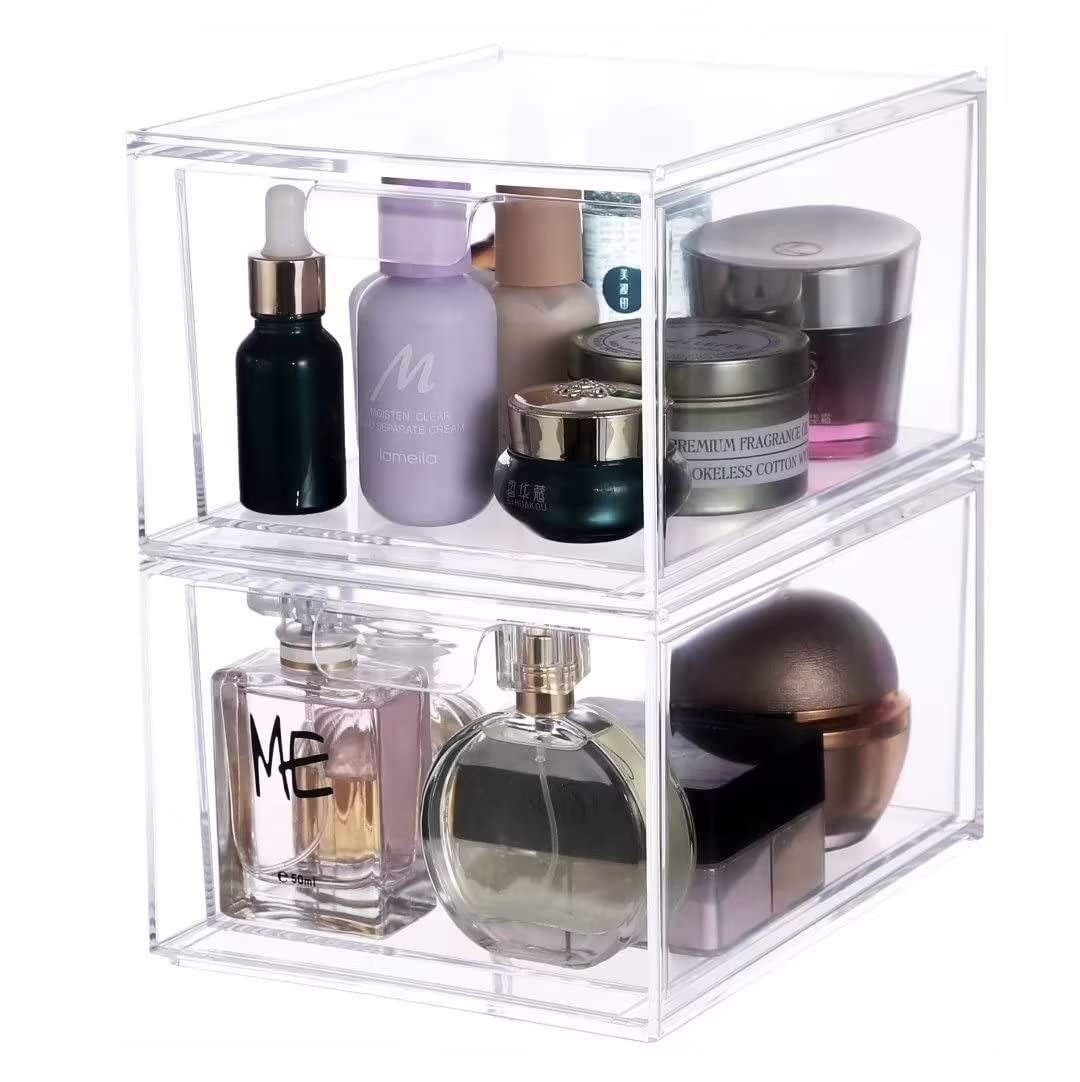 2 Pack Clear Makeup Organizer for Vanity Stackable Acrylic Cosmetic Display Case For Bathroom Under Cabinet Organizers And Storage Drawer For Make up Nail Polish Medicine Craft Organizing