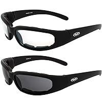 Global Vision Chicago Padded Motorcycle Riding Sunglasses 2 Pack Black Frames Clear & Smoke Lenses