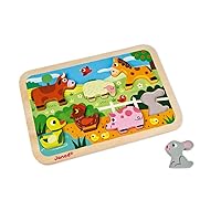 Janod Chunky Puzzle - Colorful 7 Piece Wooden Farm Themed Jigsaw Puzzle - Encourages Shape Recognition, Dexterity, and Language Development - Toddlers 18 Months+ and Preschool Kids (J07055)