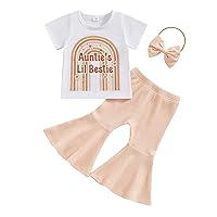 Fernvia Toddler Baby Girl Clothes Summer Crew Neck Letters Print T-Shirt with Flare Pants Headband 3Pcs Outfits Set