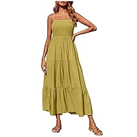 Women's Dresses Casual Strapless Solid Color Summer Beach Boho Smocked Tube Top Chiffon Straps Swing Maxi Dresses