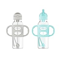 Milestones Narrow Sippy Straw Bottle, Spill-Proof with 100% Silicone Handles and Weighted Straw, 8 oz/250 mL, Gray & Green, 6m+