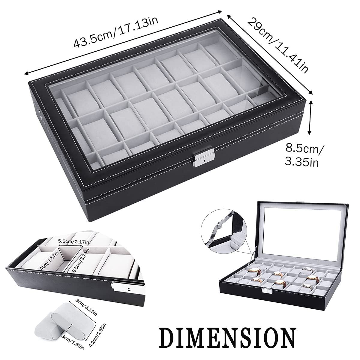 HUAXXIA Watch Box 24 Slots Jewelry Case for Men, Watch Case Lockable Storage Organizer with Clear Top, Removable Pillow Velvet Lining, Outstanding PU Leather, Big Collection Box Christmas Gift