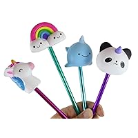 Curious Minds Busy Bags Set of 4 Cute Mystical Unicorn Creatures Pens - Fun Squishy Office School Fidget Pens - Anxiety ADHD - Gift - Girly Unicorn, Narwhal, Rainbow, Panda