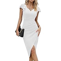 Missufe Women's Ruffle Sleeve Sweetheart Ruched Wrap Bodycon Party Cocktail Midi Dress