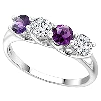 14k White Gold Alternating Genuine Gem & Diamond 4-Stone Ring Round Brilliant cut 0.5cttw 4.1mm size 5-10