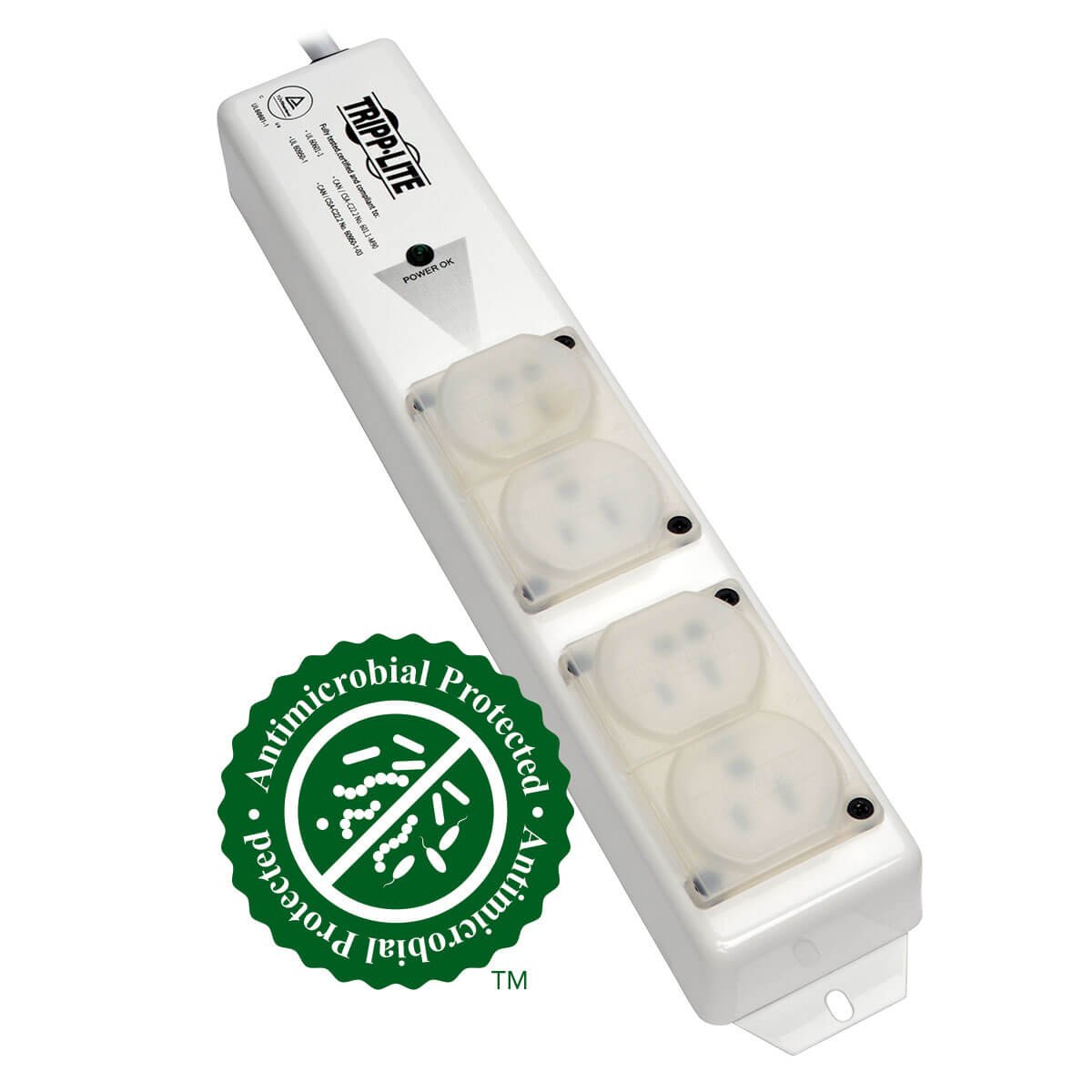 Tripp Lite Safe-IT Hospital-Grade Power Strip for Patient-Care Vicinity, 4 15A HG Outlets, UL 60601-1 Compliant, 6 Foot / 1.8M Cord, Outlet Safety Covers, White (PS-406-HGULTRA)