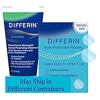 Differin 10% Benzoyl Peroxide Cleanser and Patch Set: 36 Power Patches, 18 large and 18 small patches for acne-prone skin and Acne Foaming Cleanser with 10% BPO Acne Treatment, Mother's Day Gifts