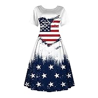 Deals, Dresses for Women 2024, Women's Short Sleeve Crew Neck Color Block Summer Loose Casual A-Line T-Shirt Womens Fashion Spring 4Th of July Printed Round Vintage Midi Dress (M, Blue)