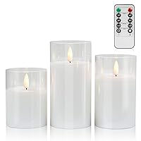 Pure White Glass Flameless Candles with Remote - Battery Operated Candles with Timer, LED Flickering Real Wax Candles for Festival Wedding Home Party Decoration, Clear, Set of 3