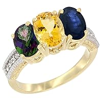 Silver City Jewelry 10K Yellow Gold Natural Mystic Topaz, Citrine & Blue Sapphire Ring 3-Stone Oval 7x5 mm Diamond Accent, Sizes 5-10