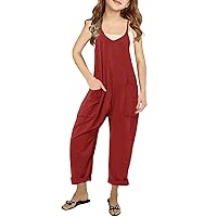 Girls Casual Jumpsuits Spaghetti Strap Sleeveless Loose Romper Long Pants with Pockets Kids Clothes