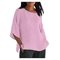 3/4 Sleeve T Shirt for Women Summer Casual Blouses Crewneck Solid Shirts Loose Tunics Cozy Cotton Linen Tee Tops