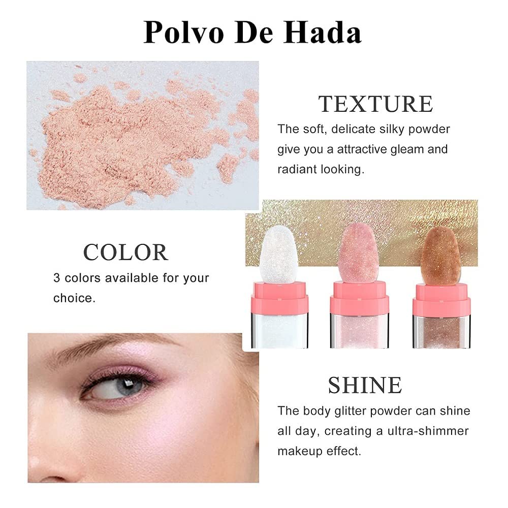 Polvo De Hadas 3 Packs, Shimmer Face and Body Highlighter Stick Puff, the Natural Three-Dimensional Makeup Face Blusher Patting Fairy Powder for Eyes, Face, Body, Lips Polvo De Hadas Glitter