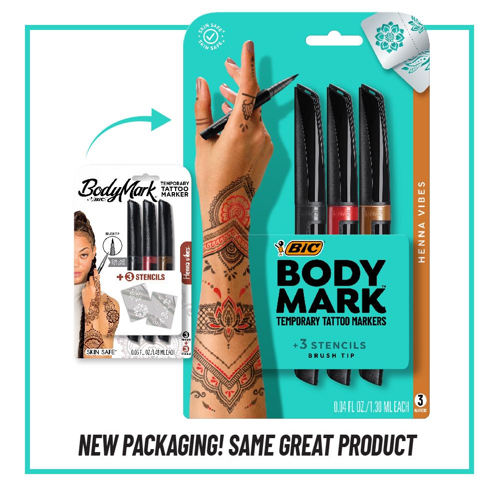 BIC BodyMark Temporary Tattoo Markers for Skin, Henna Vibes, Flexible Brush Tip, 3-Count Pack of Assorted Colors, Skin-Safe*, Cosmetic Quality